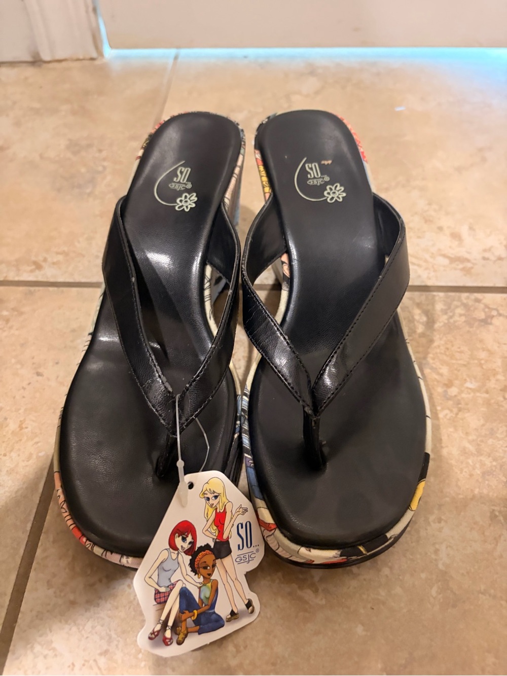 SO Black Leather-Look Thong Mules with Multicolor Patterned Trim